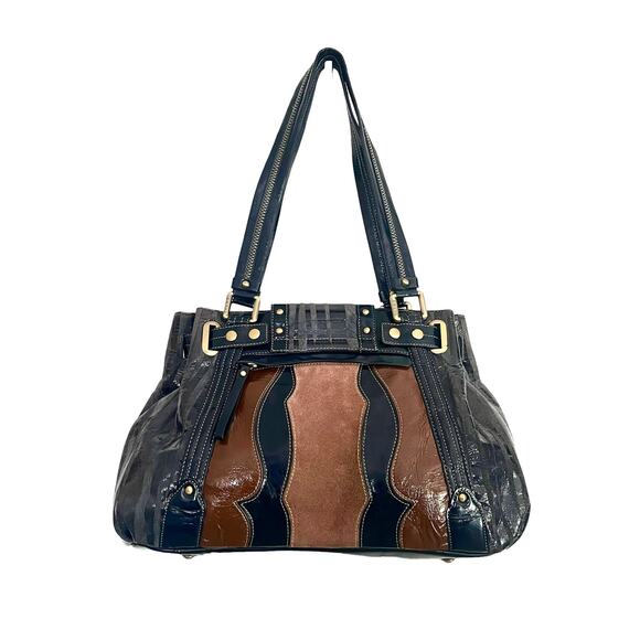 1980s Original by Sharif LEATHER & SUEDE HANDBAG Blue Brown Shoulder Purse Y2k - Picture 3 of 10